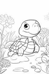 Cute Cartoon Turtle Sitting Among Flowers in a Line Art Illustration