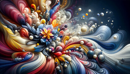 Dynamic abstract artwork featuring colorful floral elements, swirling patterns, and vibrant gradients, creating a mesmerizing and dreamlike effect...