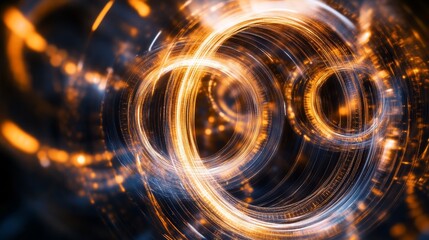 Abstract golden circles glow against a dark background.