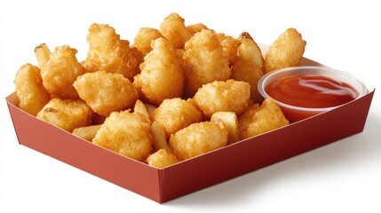 Naklejka premium A box of fast food fries with golden crispy pieces and a side of tangy dipping sauce.