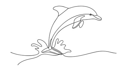 Fototapeta premium A continuous line drawing depicts a dolphin leaping from the ocean. The minimalist style showcases the dolphins graceful movement and the splash of water. Clean lines create an elegant image.