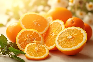 Fototapeta premium Juicy orange slices and whole oranges arranged on a light surface.