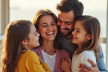 Obraz premium joyous family shares love in a warm embrace, united by smiles and shared happiness.
