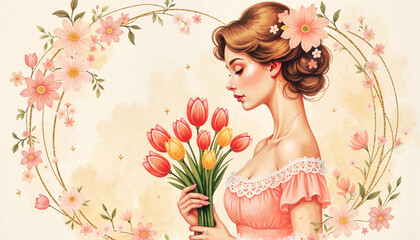 Fototapeta premium Elegant woman holding tulips in pastel spring background, nostalgia