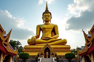 Obraz premium large golden Buddha statue sits serenely amidst traditional Thai temple architecture.