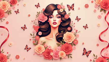 Stylish woman surrounded by roses and butterflies, feminine elegance