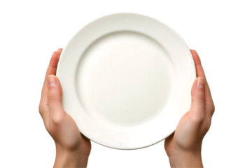 Hands holding an empty white plate isolated on transparent background