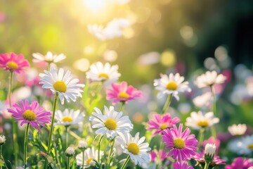 Fototapeta premium Meadow bursting with stunning white and pink daisies illuminated by sunlight for peaceful nature photography lovers