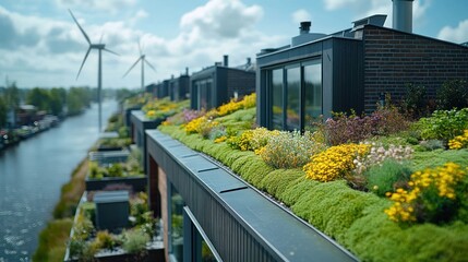Fototapeta premium Sustainable housing with green roofs and wind turbines.