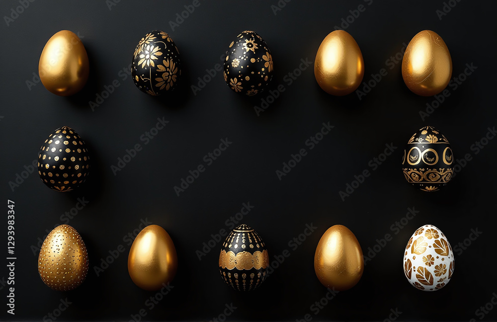 Poster golden, black, and white easter eggs are laid out on a black background with painted designs and emp