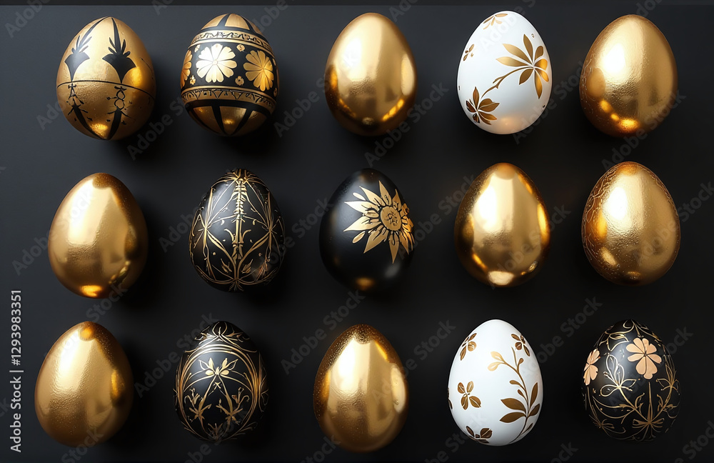 Poster golden, black, and white easter eggs are laid out on a black background with painted designs and emp