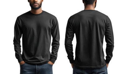 Black long sleeve shirt on male model, showcasing front and back views