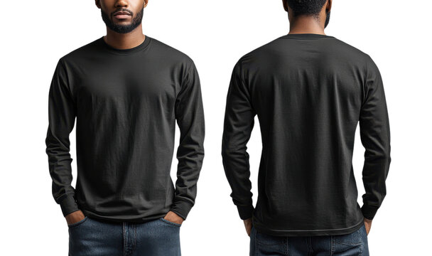Black long sleeve shirt on male model, showcasing front and back views