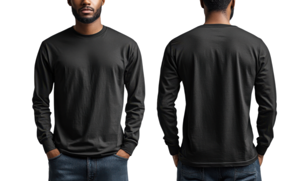Black long sleeve shirt on male model, showcasing front and back views