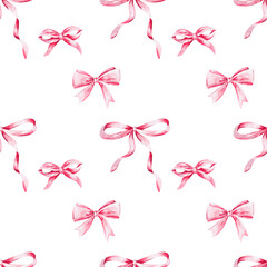 Pastel Satin Ribbon and Bow Repeat Pattern &ndash; Hand-Drawn Watercolor Illustration for Fashion and Festive Surface Design