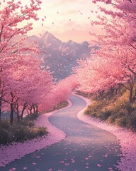 Pathway through blooming cherry blossom trees.