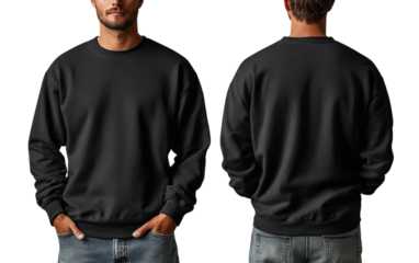 Black sweatshirt mockup for men, showcasing front and back views. Ideal for fashion design