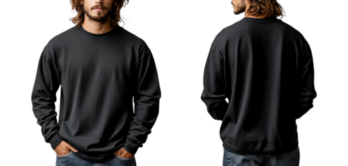 casual black sweatshirt worn by man, showcasing front and back views