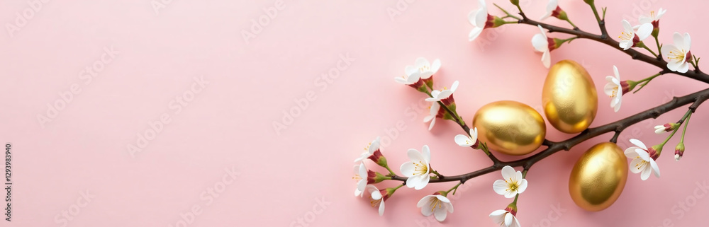 Poster Golden Easter Eggs Are Arranged Around A Delicate Spring Branch On A Soft Pastel Pink Colored Background With Empty Space To The Left.