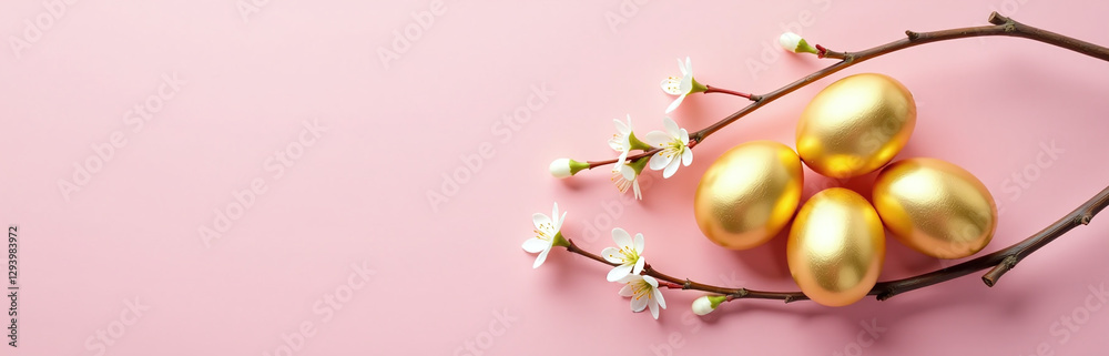 Poster Golden Easter Eggs Are Arranged Around A Delicate Spring Branch On A Soft Pastel Pink Colored Background With Empty Space To The Left.