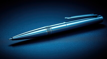 Chrome Ballpoint Pen Resting on Matte Black Surface with Shadow