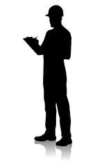 Silhouette of construction worker in blue overalls and a red shirt, wearing a safety helmet and holding a clipboard. Vector Flat Style Illustration Isolated On White