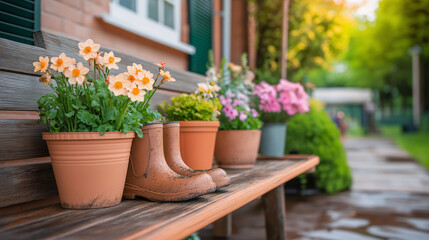 A cozy garden showcases mismatched terracotta pots filled with vibrant flowers. Beside them, a pair of muddy rubber boots suggest a day of gardening in the warm spring sunshine