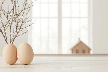 Soft and minimalistic composition of two eggs on a wooden table with a branch in a bright room, embodying concepts of spring, renewal, and nature