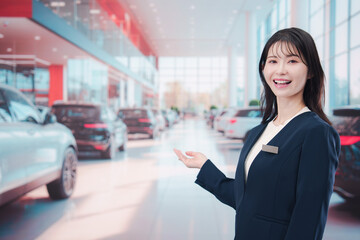 カーディーラーで接客をする若い女性