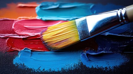 Obraz premium Paintbrush on vibrant, colorful acrylic paint strokes.