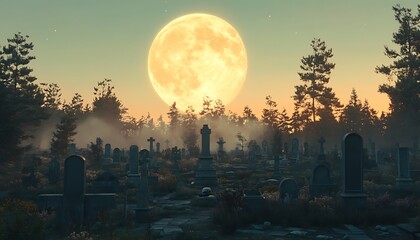 A bright full moon glows over a moonlit cemetery scene