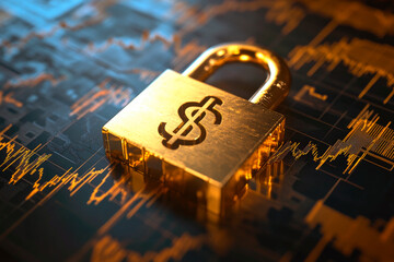 Golden padlock with a dollar icon. Concept for economic strength and money protection.