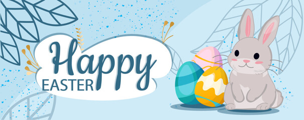 Bunny and colorful Easter eggs in cartoon style on blue background. Concept of Easter celebration. Vector illustration