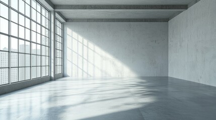 Fototapeta premium Bright Empty Warehouse Space with Large Windows and Soft Shadows