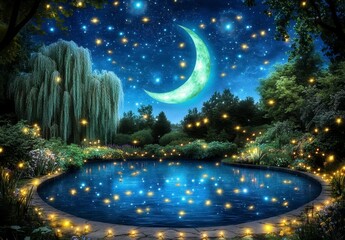 Obraz premium Enchanted night scene with a crescent moon, starry sky, and glowing pond surrounded by lush greenery. Magical and dreamy atmosphere