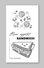 Sandwich, tomato, mushroom, and parsley on white background. Hand-drawn style. Concept of fast food. Vector illustration