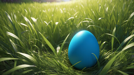 Hidden Easter egg in grass, tranquil mood, glowing in sunlight on a serene meadow