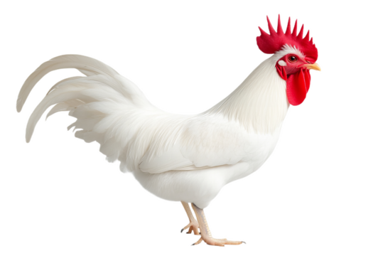 White rooster with red comb and waddle standing against white background