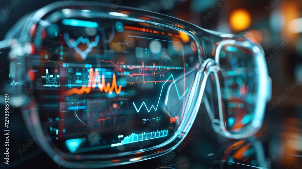 Poster High tech smart glasses showcase real time data and analytics in a vibrant urban environment at night, highlighting cutting edge technology and digital displays.