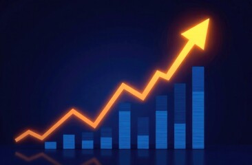 A rising graph shows growth with an orange arrow pointing upward against a dark background