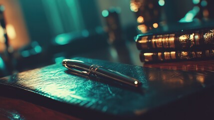 Elegant Executive Desk Setup with Dark Leather Planner and Pen