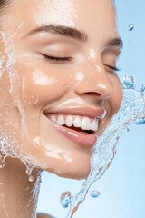 Freshness and joy: caucasian female adult embracing water splash against blue background
