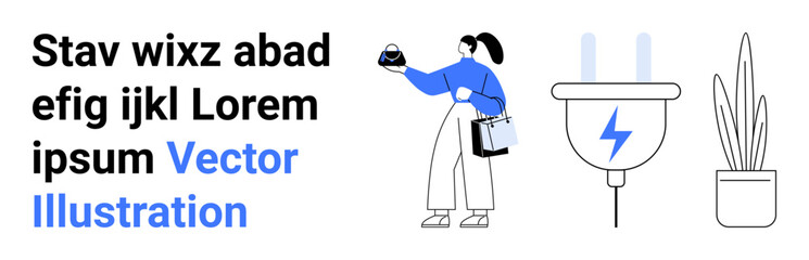 Woman holding an object, beside a charging plug emitting energy and a minimalist potted plant. Ideal for technology, energy solutions, eco-friendly concepts, productivity, lifestyle, innovation