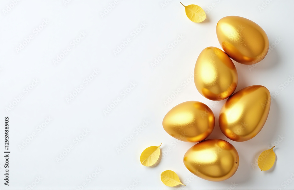 Poster golden easter eggs sit atop a blank white copy space background in an overhead perspective, awaiting