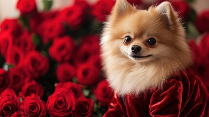 Pomeranian Dog Posing Amidst Red Roses