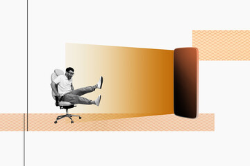 Exclusive art banner collage of excited man ride stool smartphone beam addiction concept modern...