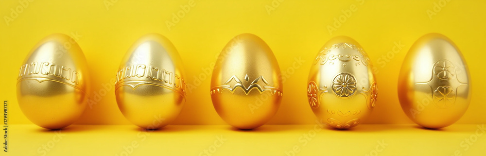 Aufkleber Golden Easter Eggs Decorated In A Simple Yet Elegant Pattern Against A Bright Yellow Background In A Flat Lay Setting.