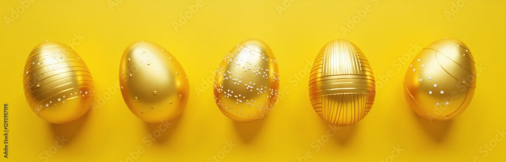 Aufkleber golden easter eggs decorated in a simple yet elegant pattern against a bright yellow background in a