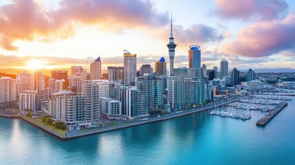 Obraz premium A scenic bird's-eye view of Auckland's waterfront with modern apartment buildings lining the shores.