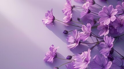 Beautiful delicate purple flowers on a purple background. Abstract layout of a colored frame with space for text. An invitation to a wedding. The concept of International Women's Day, Mother's Day.